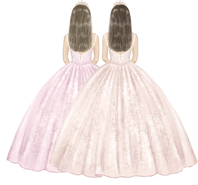 Two girls twins in ball gowns hand drawn illustration